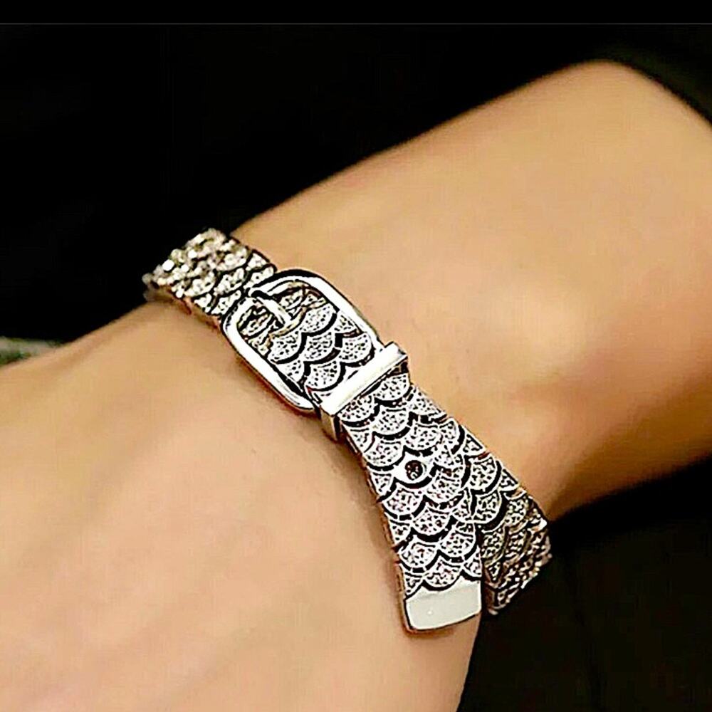 Sterling Silver Buckle Bangle Bracelet, Zircon Cuff Belt Buckle, Minimalist